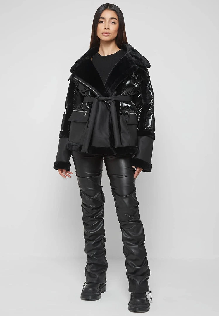 Woman Coats High Shine & Plush Puffer Jacket - Black