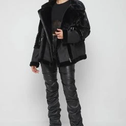 Woman Coats High Shine & Plush Puffer Jacket - Black
