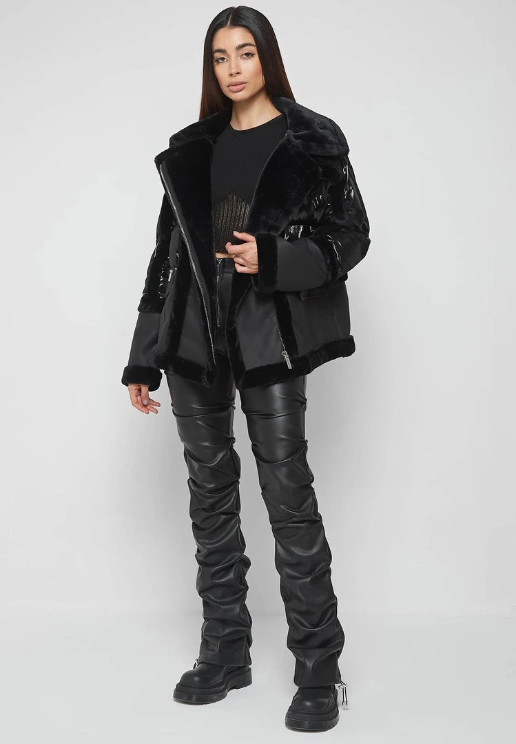 Woman Coats High Shine & Plush Puffer Jacket - Black