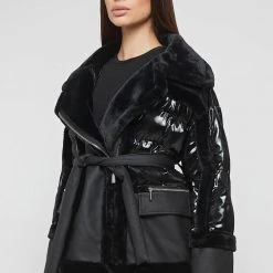 Woman Coats High Shine & Plush Puffer Jacket - Black