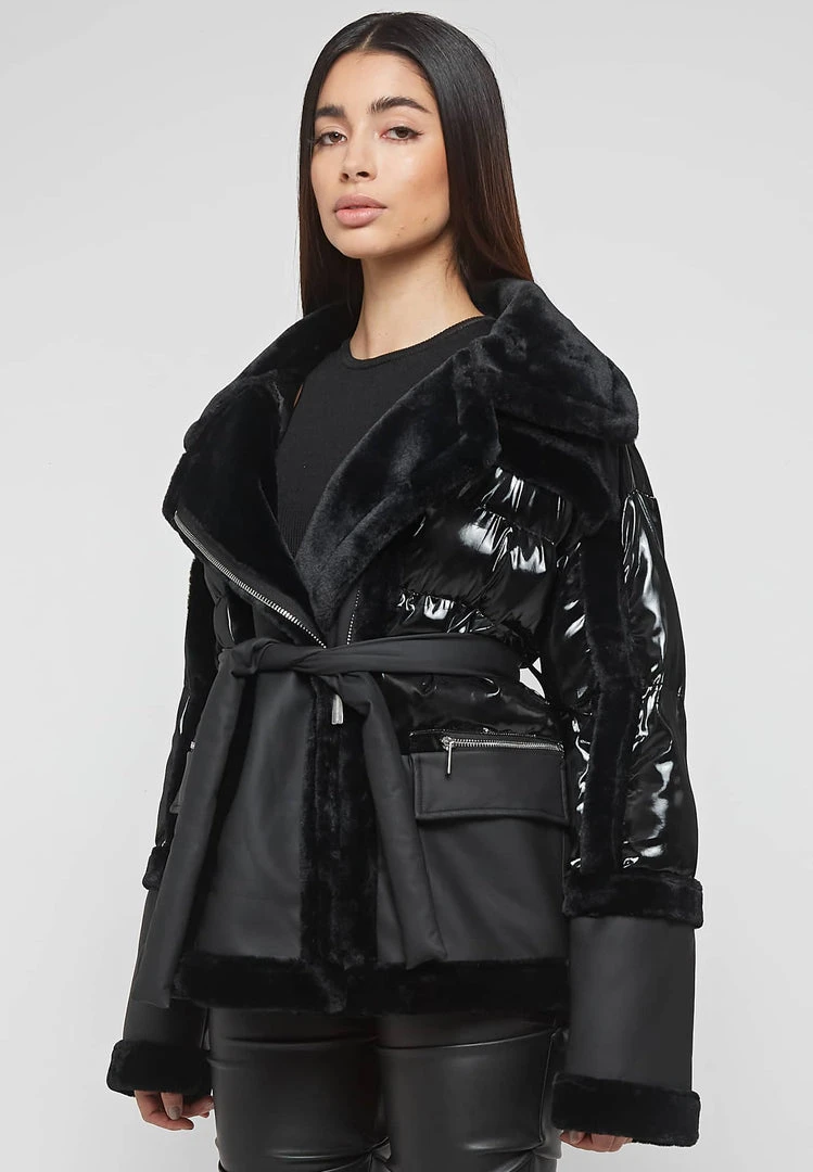 Woman Coats High Shine & Plush Puffer Jacket - Black