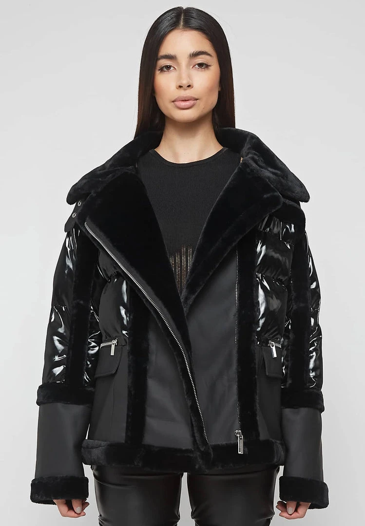 Woman Coats High Shine & Plush Puffer Jacket - Black