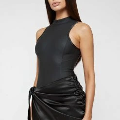 Woman Dresses Vegan Leather & Satin Wrap Bodycon Dress - Black