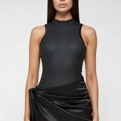 Woman Dresses Vegan Leather & Satin Wrap Bodycon Dress - Black