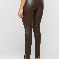 Woman Leggings Vegan Leather & Suede Ribbed Legging - Chocolate Brown