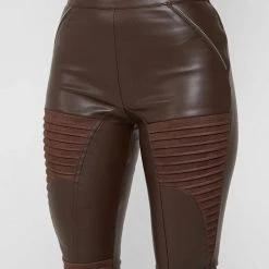 Woman Leggings Vegan Leather & Suede Ribbed Legging - Chocolate Brown