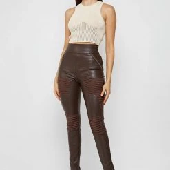 Woman Leggings Vegan Leather & Suede Ribbed Legging - Chocolate Brown