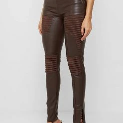 Woman Leggings Vegan Leather & Suede Ribbed Legging - Chocolate Brown