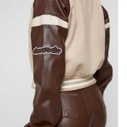 Woman Jackets Vegan Leather & Wool Varsity Jacket - Beige