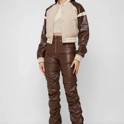 Woman Jackets Vegan Leather & Wool Varsity Jacket - Beige