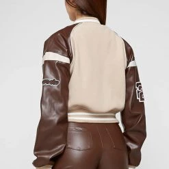 Woman Jackets Vegan Leather & Wool Varsity Jacket - Beige
