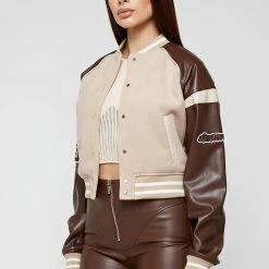Woman Jackets Vegan Leather & Wool Varsity Jacket - Beige