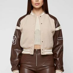 Woman Jackets Vegan Leather & Wool Varsity Jacket - Beige
