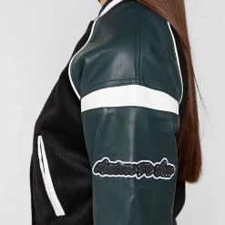 Woman Jackets Vegan Leather & Wool Varsity Jacket - Green