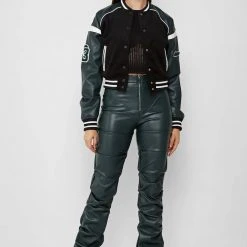 Woman Jackets Vegan Leather & Wool Varsity Jacket - Green