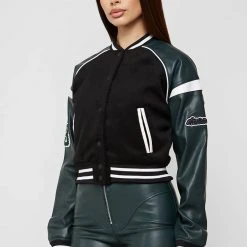 Woman Jackets Vegan Leather & Wool Varsity Jacket - Green
