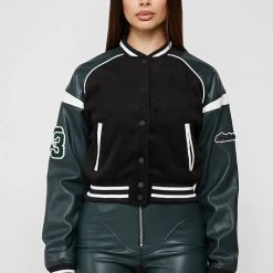 Woman Jackets Vegan Leather & Wool Varsity Jacket - Green