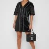 Woman Dresses Vegan Leather And Satin Baseball Dress - Black