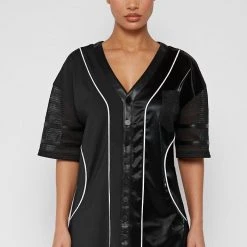Woman Dresses Vegan Leather And Satin Baseball Dress - Black