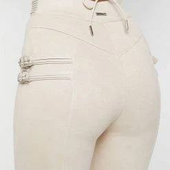 Woman Leggings Vegan Suede Buckle Detail Leggings - Beige