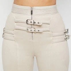 Woman Leggings Vegan Suede Buckle Detail Leggings - Beige