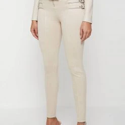 Woman Leggings Vegan Suede Buckle Detail Leggings - Beige