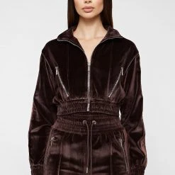 Woman Tracksuits Velour & Nylon Jacket - Brown CO-ORDS