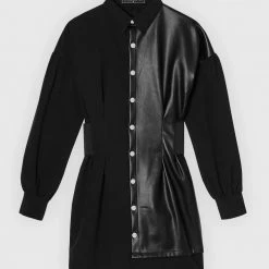 Woman Dresses Half Vegan Leather Shirt Dress - Black