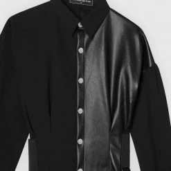 Woman Dresses Half Vegan Leather Shirt Dress - Black
