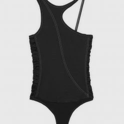 Woman Tops Asymmetric Ruched Side Bodysuit - Black BODYSUITS
