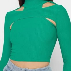Woman Tops High Neck Ribbed Crop Top - Green TOPS & T SHIRTS