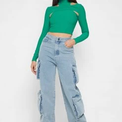 Woman Tops High Neck Ribbed Crop Top - Green TOPS & T SHIRTS