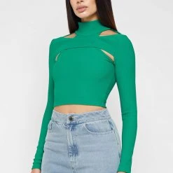 Woman Tops High Neck Ribbed Crop Top - Green TOPS & T SHIRTS