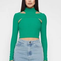 Woman Tops High Neck Ribbed Crop Top - Green TOPS & T SHIRTS