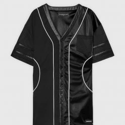 Woman Dresses Vegan Leather And Satin Baseball Dress - Black