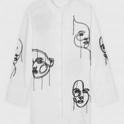 Woman Dresses Line Art Shirt Dress - White