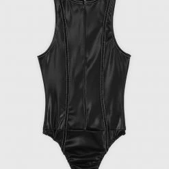 Woman Tops Racer Neck High Shine Bodysuit - Black