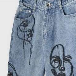 Woman Denim Line Art Mom Jeans - Mid Blue
