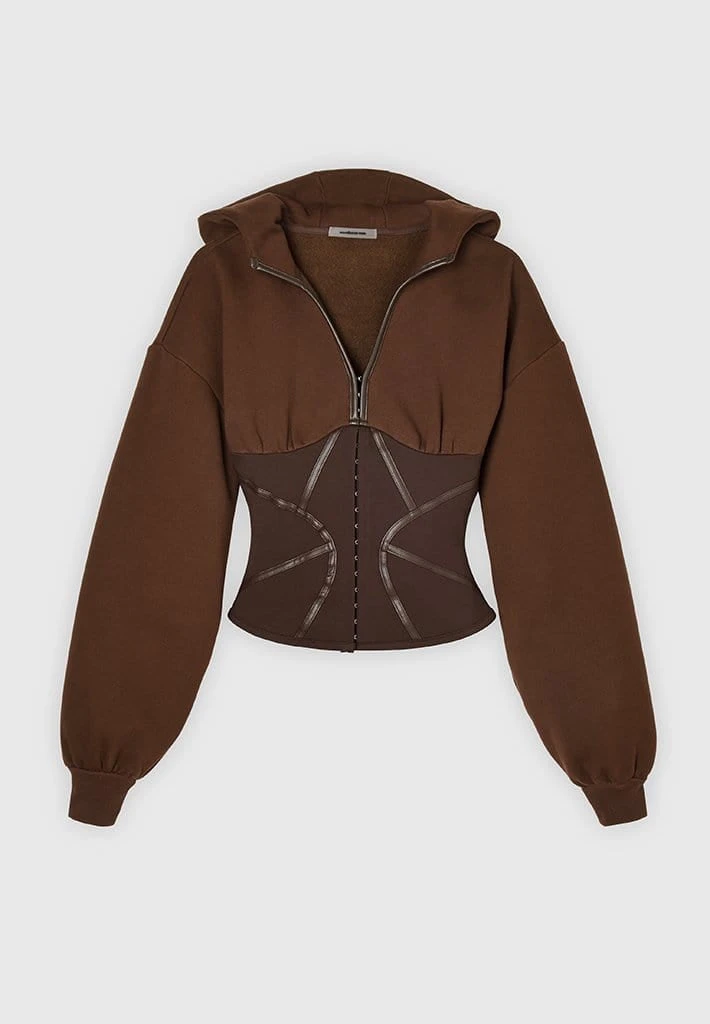 Woman Tracksuits Volume Sleeve Corset Hoodie - Chocolate Brown