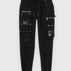 Woman Trousers Cargo Pants With Marble & Matte Chain - Black