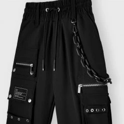 Woman Trousers Cargo Pants With Marble & Matte Chain - Black