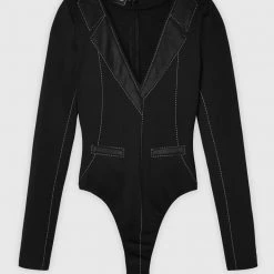 Woman Tops Mesh Blazer Bodysuit - Black BODYSUITS