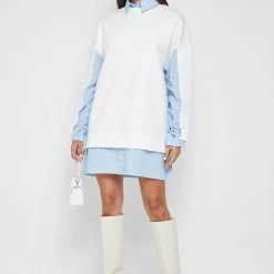 Woman Dresses Jumper Dress With Pinstripe Shirt - White