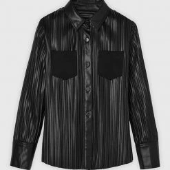Woman Shirts Pleated Leather Shirt - Black
