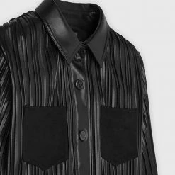 Woman Shirts Pleated Leather Shirt - Black