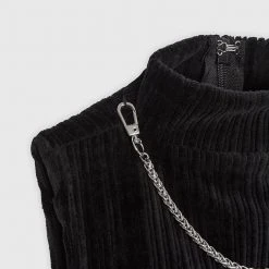 Woman Tops Detachable Chain Ribbed Velour Top - Black TOPS & T SHIRTS