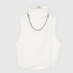 Woman Tops Detachable Chain Ribbed Velour Top - Off White TOPS & T SHIRTS