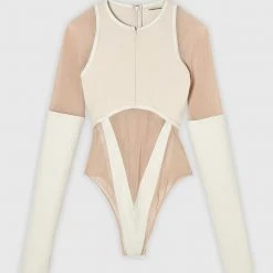 Woman Tops High Leg Effect Vegan Leather Bodysuit - Beige BODYSUITS