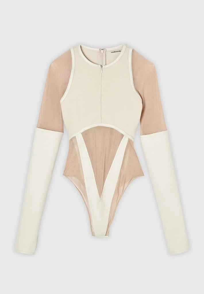 Woman Tops High Leg Effect Vegan Leather Bodysuit - Beige BODYSUITS