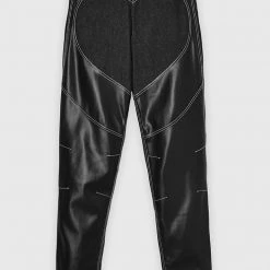 Woman Trousers Heart Vegan Leather And Denim Trousers - Black
